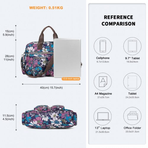 Kono Large Capacity Travel Bag with Multiple Zippered Pockets And Flower Print Perfect For Daily Use - Navy