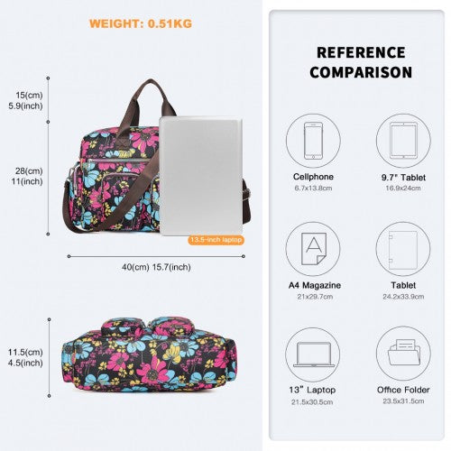 Kono Large Capacity Travel Bag with Multiple Zippered Pockets And Flower Print Perfect For Daily Use - Black