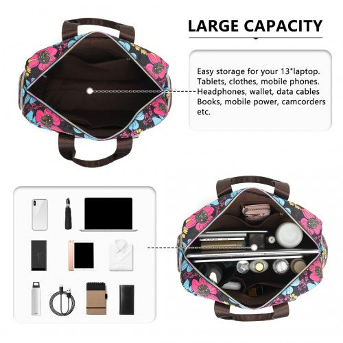 Kono Large Capacity Travel Bag with Multiple Zippered Pockets And Flower Print Perfect For Daily Use - Black