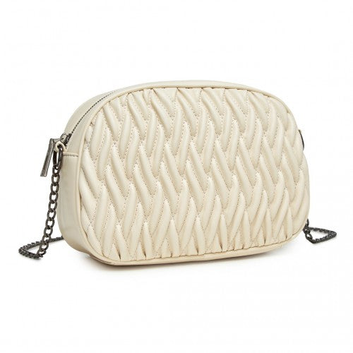 Miss Lulu Practical Quilted Soft PU Leather Crossbody Shoulder Bag with Chain Strap - Beige