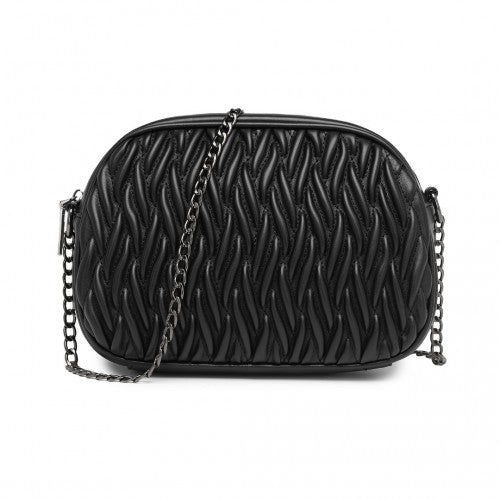 Miss Lulu Practical Quilted Soft PU Leather Crossbody Shoulder Bag with Chain Strap - Black