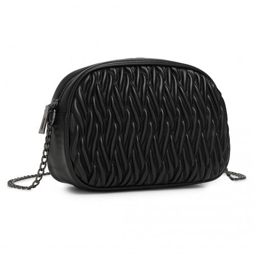 Miss Lulu Practical Quilted Soft PU Leather Crossbody Shoulder Bag with Chain Strap - Black