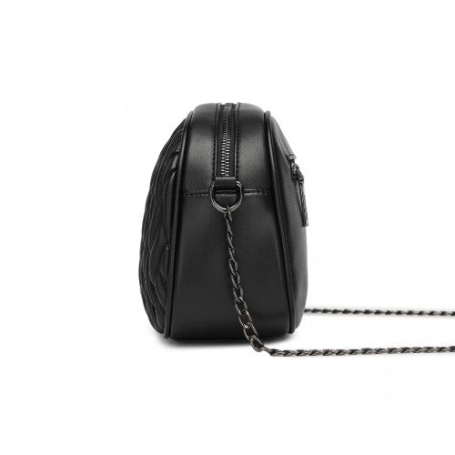 Miss Lulu Practical Quilted Soft PU Leather Crossbody Shoulder Bag with Chain Strap - Black