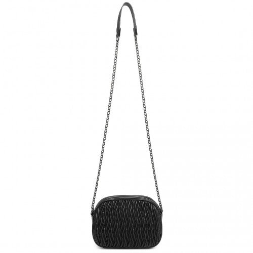 Miss Lulu Practical Quilted Soft PU Leather Crossbody Shoulder Bag with Chain Strap - Black