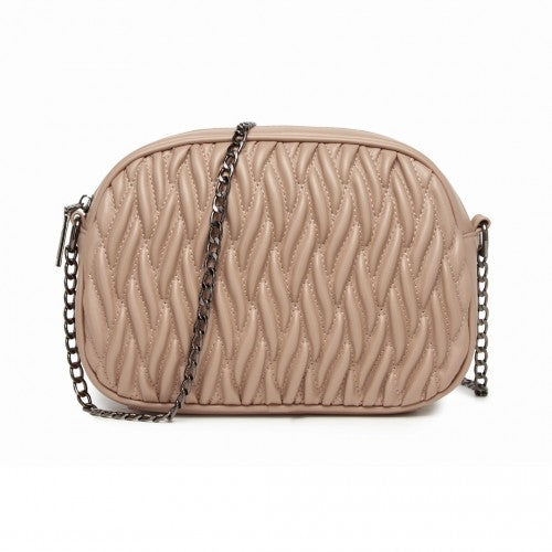 Miss Lulu Practical Quilted Soft PU Leather Crossbody Shoulder Bag with Chain Strap - Khaki