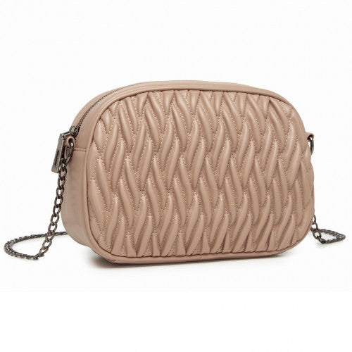 Miss Lulu Practical Quilted Soft PU Leather Crossbody Shoulder Bag with Chain Strap - Khaki