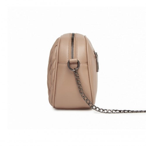Miss Lulu Practical Quilted Soft PU Leather Crossbody Shoulder Bag with Chain Strap - Khaki