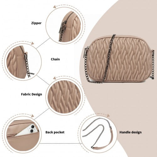 Miss Lulu Practical Quilted Soft PU Leather Crossbody Shoulder Bag with Chain Strap - Khaki