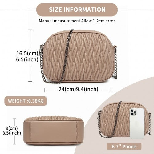 Miss Lulu Practical Quilted Soft PU Leather Crossbody Shoulder Bag with Chain Strap - Khaki
