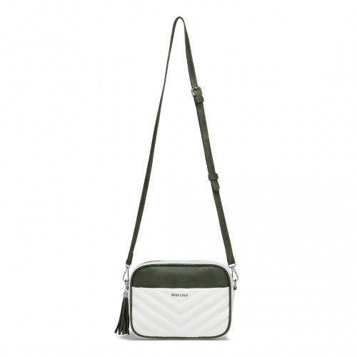 Miss Lulu Minimalist V - Stitch PU Leather Crossbody Bag with Tassel Zip - White And Green