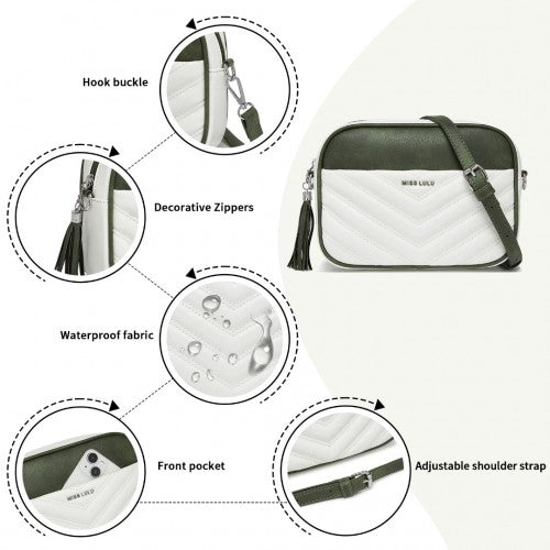 Miss Lulu Minimalist V - Stitch PU Leather Crossbody Bag with Tassel Zip - White And Green