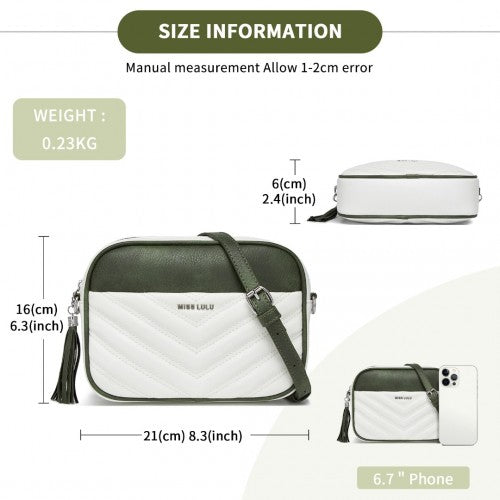 Miss Lulu Minimalist V - Stitch PU Leather Crossbody Bag with Tassel Zip - White And Green