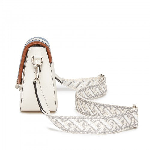 Miss Lulu Women's PU Leather Ethnic Style Crossbody Bag with Corduroy Flap and Adjustable Strap - Blue and Beige