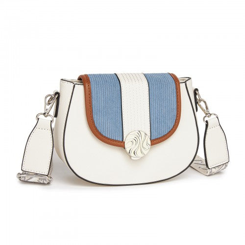 Miss Lulu Women's PU Leather Ethnic Style Crossbody Bag with Corduroy Flap and Adjustable Strap - Blue and Beige