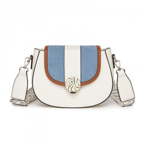 Miss Lulu Women's PU Leather Ethnic Style Crossbody Bag with Corduroy Flap and Adjustable Strap - Blue and Beige