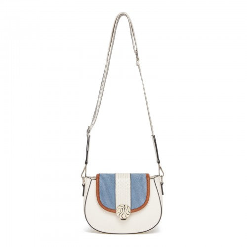 Miss Lulu Women's PU Leather Ethnic Style Crossbody Bag with Corduroy Flap and Adjustable Strap - Blue and Beige