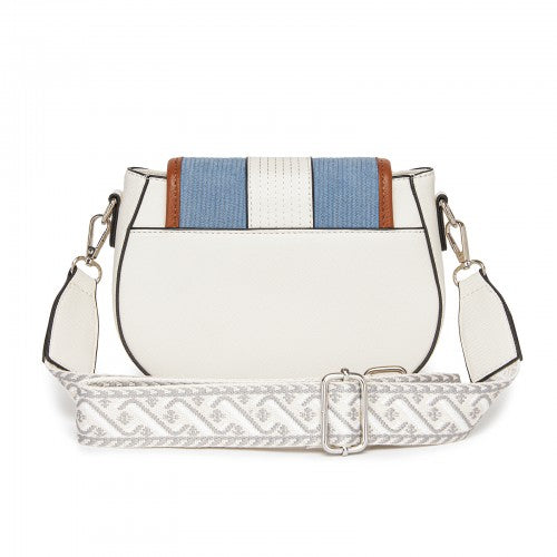 Miss Lulu Women's PU Leather Ethnic Style Crossbody Bag with Corduroy Flap and Adjustable Strap - Blue and Beige