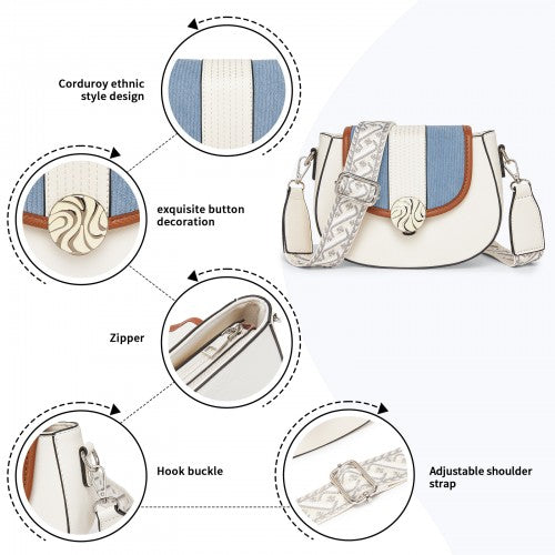 Miss Lulu Women's PU Leather Ethnic Style Crossbody Bag with Corduroy Flap and Adjustable Strap - Blue and Beige