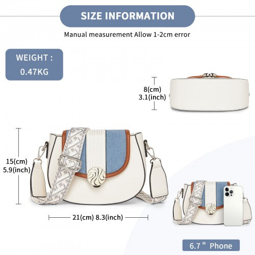 Miss Lulu Women's PU Leather Ethnic Style Crossbody Bag with Corduroy Flap and Adjustable Strap - Blue and Beige