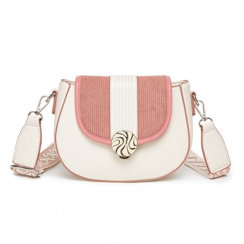 Miss Lulu Women's PU Leather Ethnic Style Crossbody Bag with Corduroy Flap and Adjustable Strap - Pink and Beige
