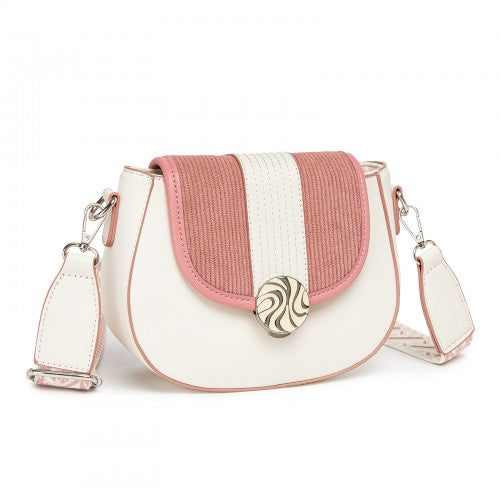 Miss Lulu Women's PU Leather Ethnic Style Crossbody Bag with Corduroy Flap and Adjustable Strap - Pink and Beige