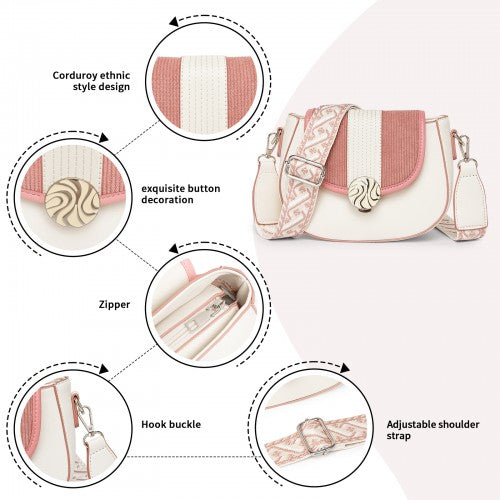 Miss Lulu Women's PU Leather Ethnic Style Crossbody Bag with Corduroy Flap and Adjustable Strap - Pink and Beige