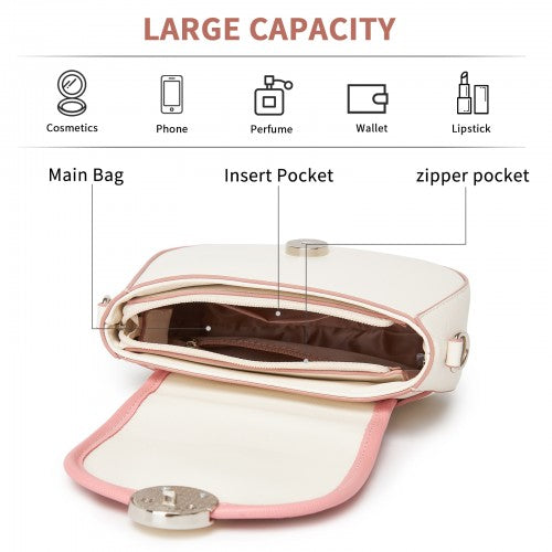 Miss Lulu Women's PU Leather Ethnic Style Crossbody Bag with Corduroy Flap and Adjustable Strap - Pink and Beige