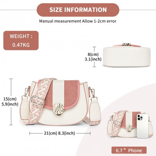 Miss Lulu Women's PU Leather Ethnic Style Crossbody Bag with Corduroy Flap and Adjustable Strap - Pink and Beige