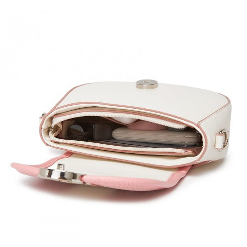 Miss Lulu Women's PU Leather Ethnic Style Crossbody Bag with Corduroy Flap and Adjustable Strap - Pink and Beige