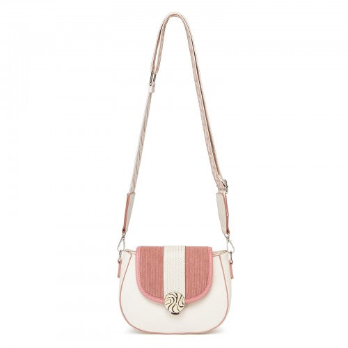 Miss Lulu Women's PU Leather Ethnic Style Crossbody Bag with Corduroy Flap and Adjustable Strap - Pink and Beige