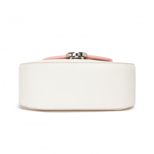 Miss Lulu Women's PU Leather Ethnic Style Crossbody Bag with Corduroy Flap and Adjustable Strap - Pink and Beige