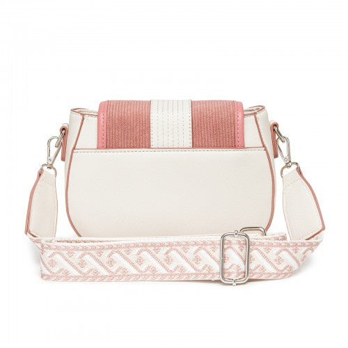 Miss Lulu Women's PU Leather Ethnic Style Crossbody Bag with Corduroy Flap and Adjustable Strap - Pink and Beige