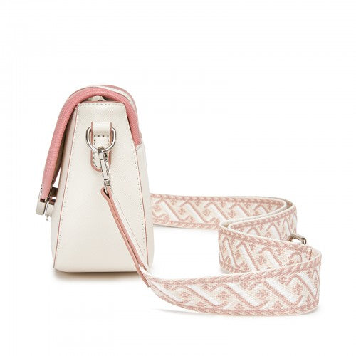 Miss Lulu Women's PU Leather Ethnic Style Crossbody Bag with Corduroy Flap and Adjustable Strap - Pink and Beige
