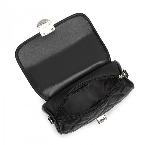 Miss Lulu Practical Quilted PU Leather Crossbody Handbag with Secure Lock and Everyday Storage - Black