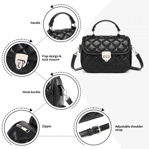 Miss Lulu Practical Quilted PU Leather Crossbody Handbag with Secure Lock and Everyday Storage - Black