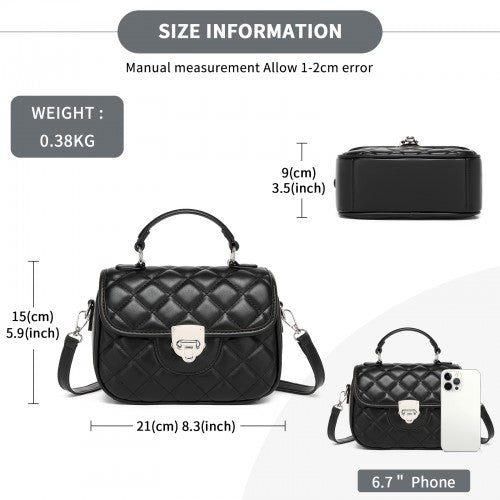 Miss Lulu Practical Quilted PU Leather Crossbody Handbag with Secure Lock and Everyday Storage - Black