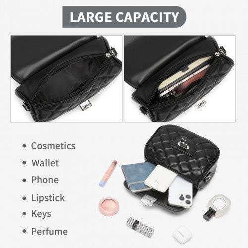 Miss Lulu Practical Quilted PU Leather Crossbody Handbag with Secure Lock and Everyday Storage - Black