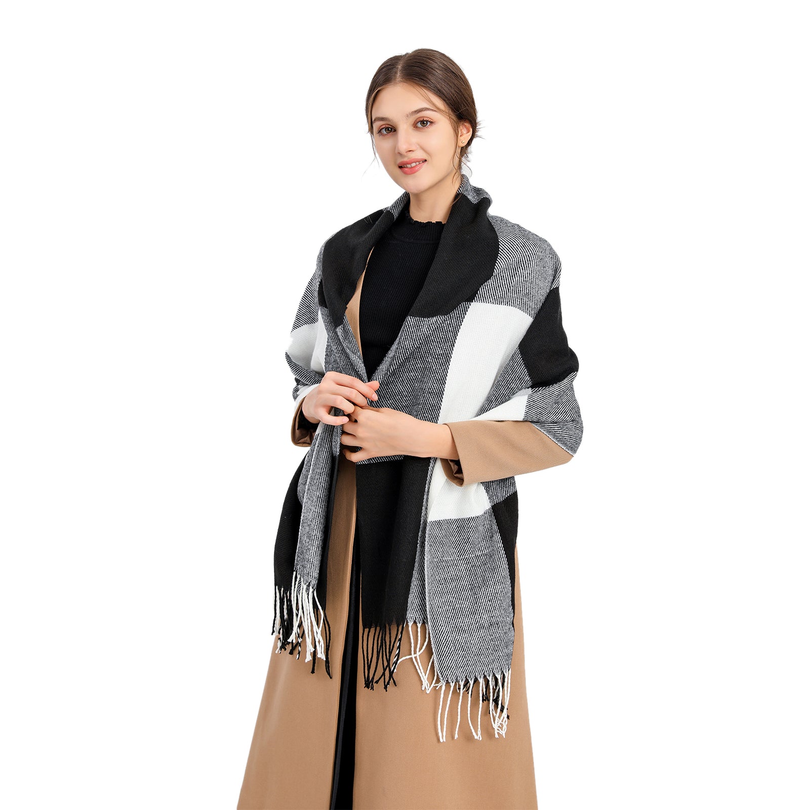 Women Fashion Long Shawl Grid Tassel Winter Warm Lattice Large Scarf - Black