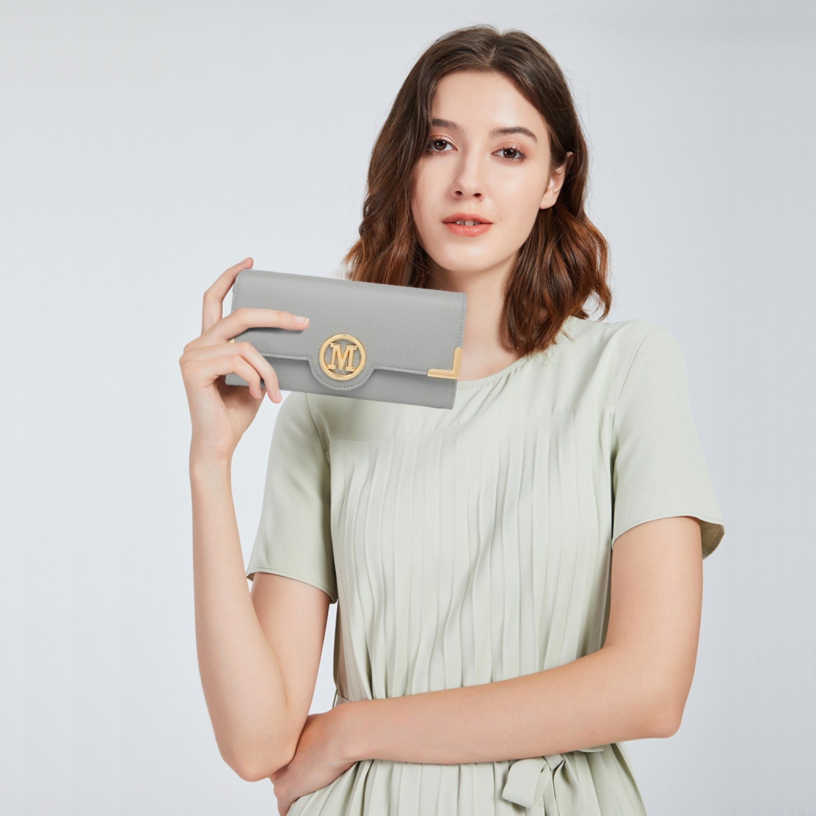 Miss Lulu Leather Look Classic Long Purse - Grey