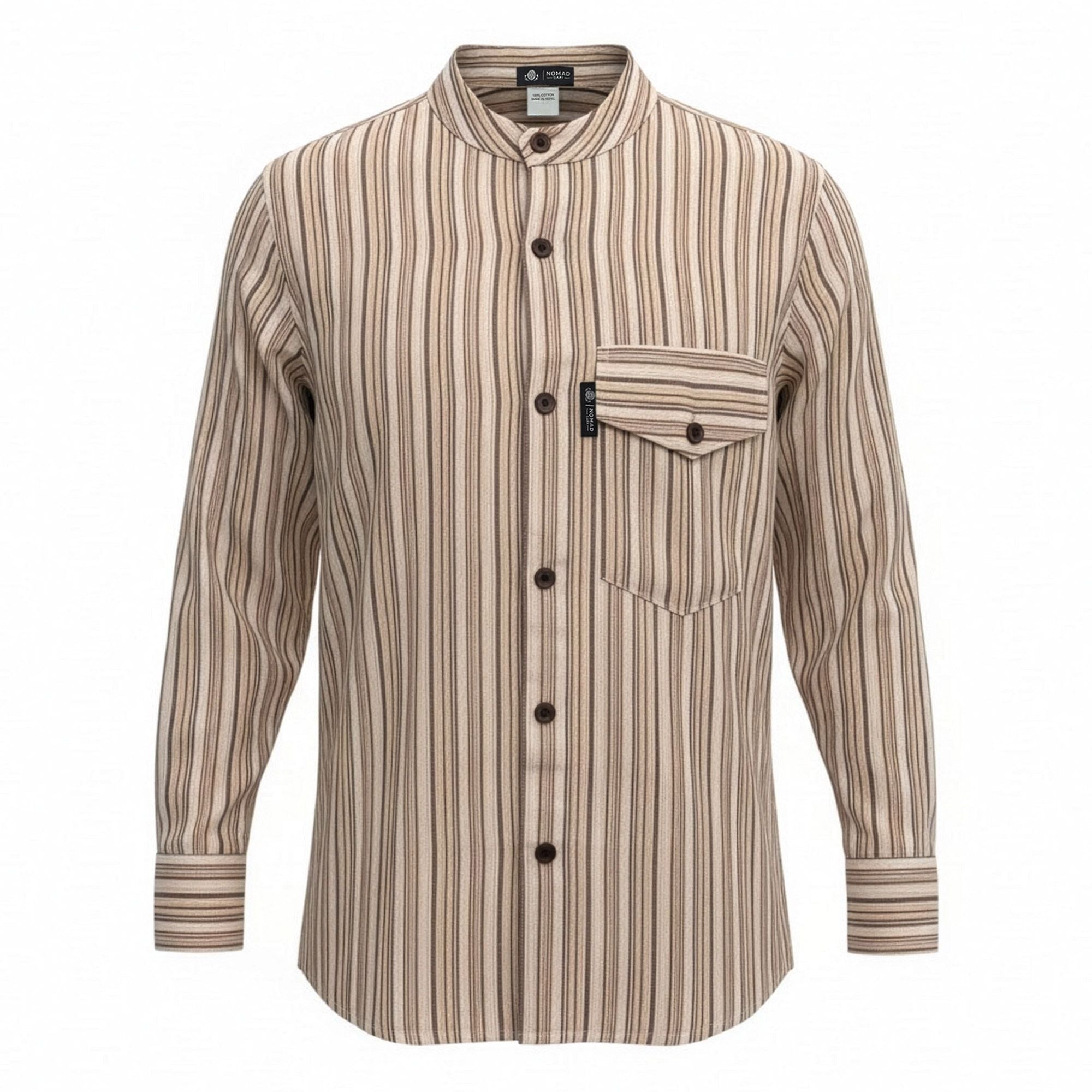Front view of the Brown and Beige striped Nomad Sari Grandad shirt with a collarless neckline.