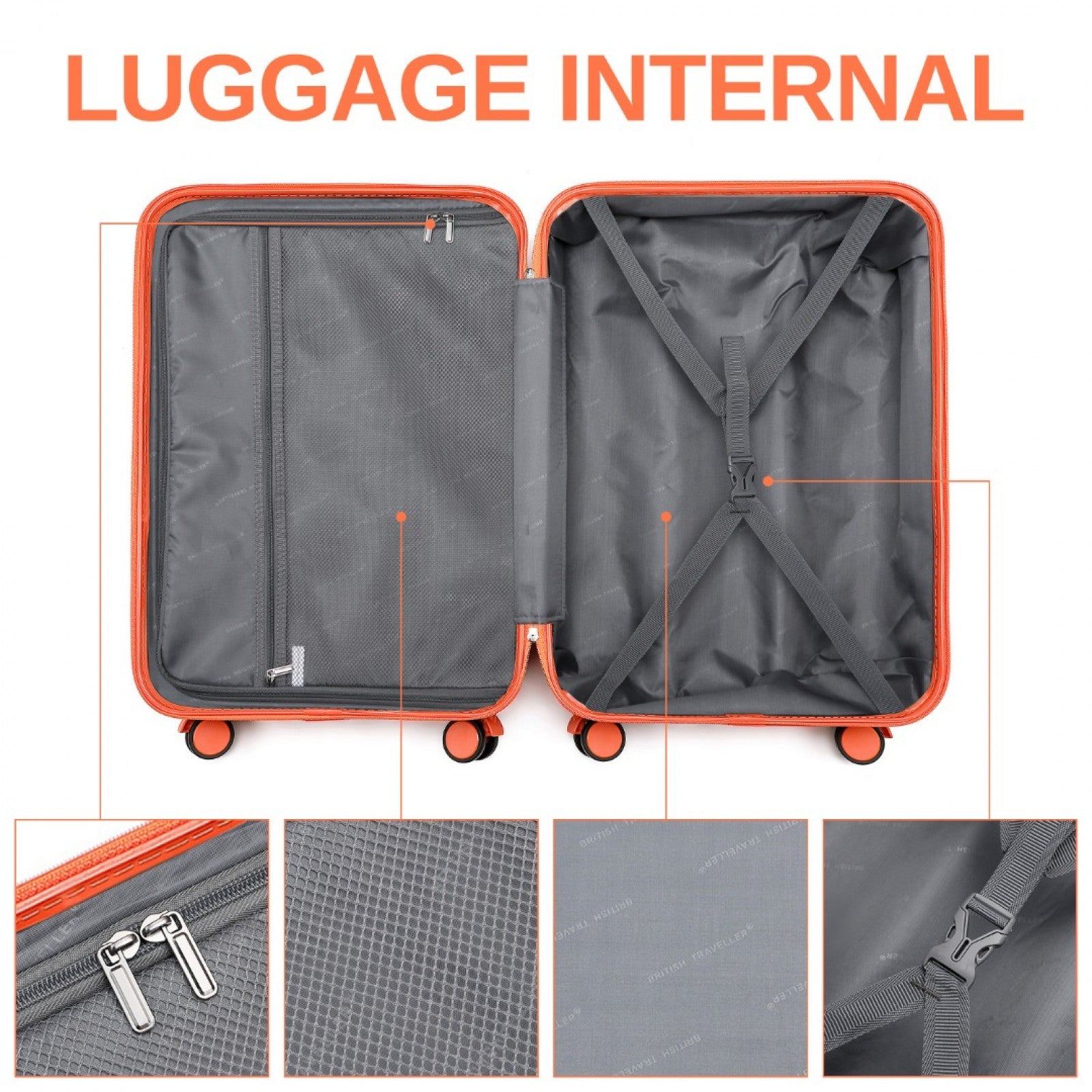 British Traveller 24 Inch Durable Polycarbonate and ABS Hard Shell Suitcase With TSA Lock - Orange