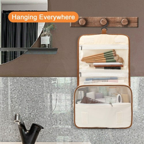 Classic Hanging Multi - Pocket Waterproof Travel Makeup Bag - Beige And Brown