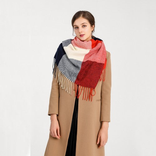 Women Fashion Long Shawl Grid Tassel Winter Warm Lattice Large Scarf - Red