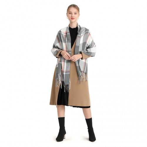 Acrylic Fashion Women's Long Shawl Grid Tassel Winter Warm Oversized Scarf - Grey