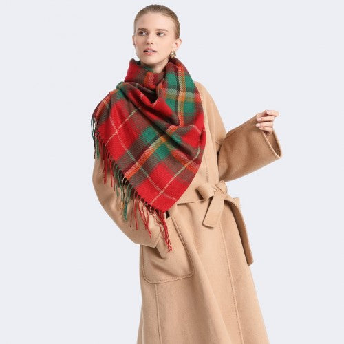 Elegant Color Block Scarf with Fringe Detailing - Versatile Oversized Design - Red