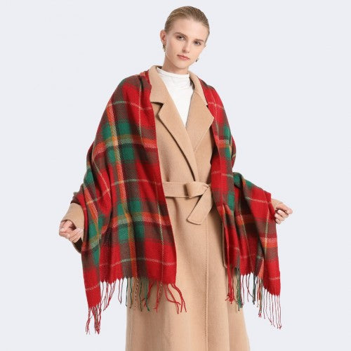 Elegant Color Block Scarf with Fringe Detailing - Versatile Oversized Design - Red
