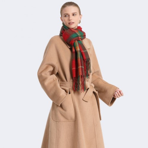 Elegant Color Block Scarf with Fringe Detailing - Versatile Oversized Design - Red