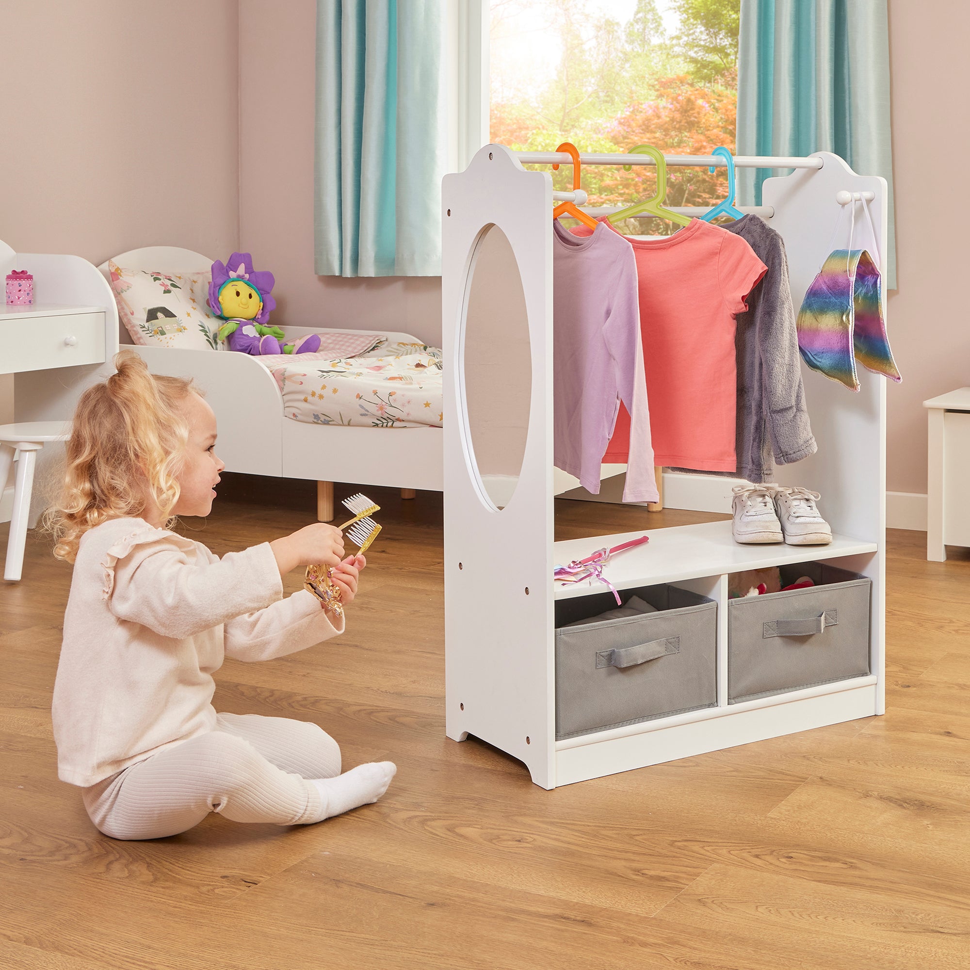 Kids White Wooden Dress Up Unit with 2 Storage Boxes (Ages 3-7)