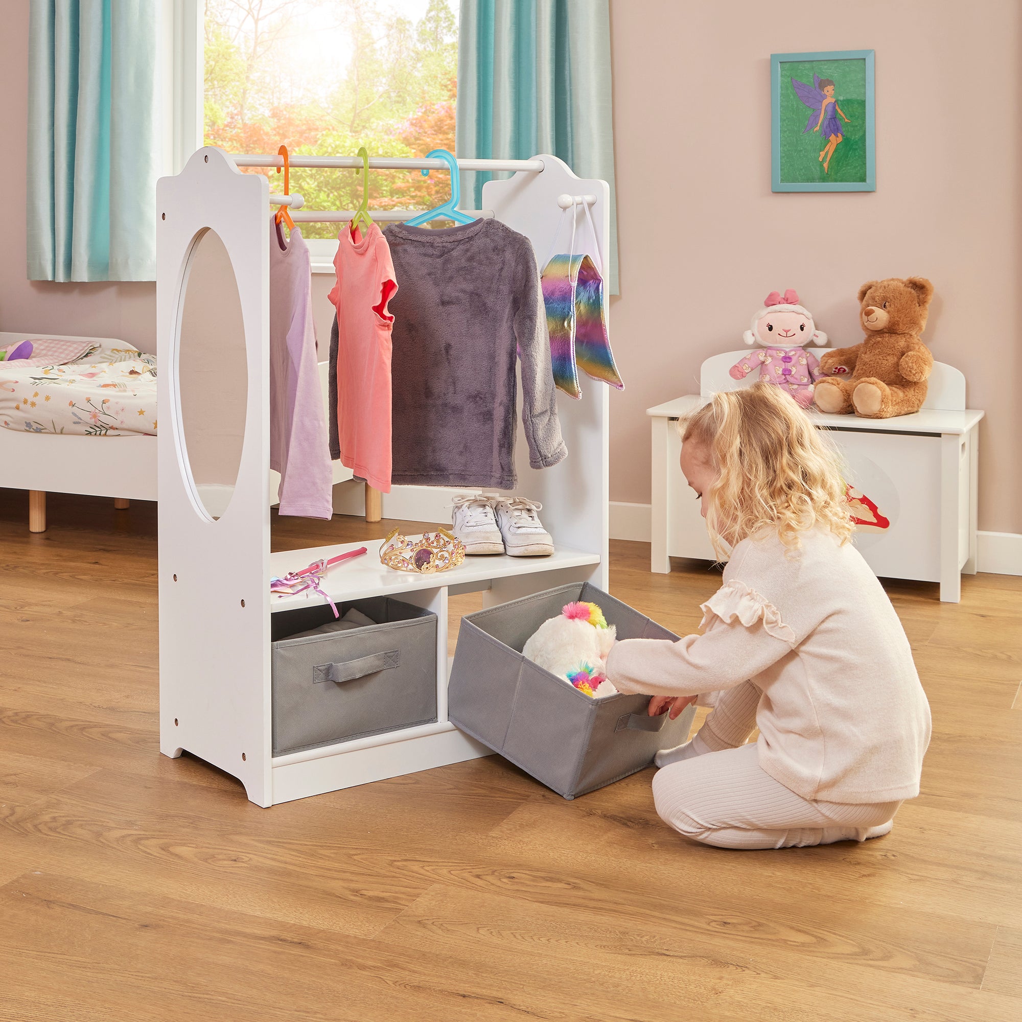 Kids White Wooden Dress Up Unit with 2 Storage Boxes (Ages 3-7)