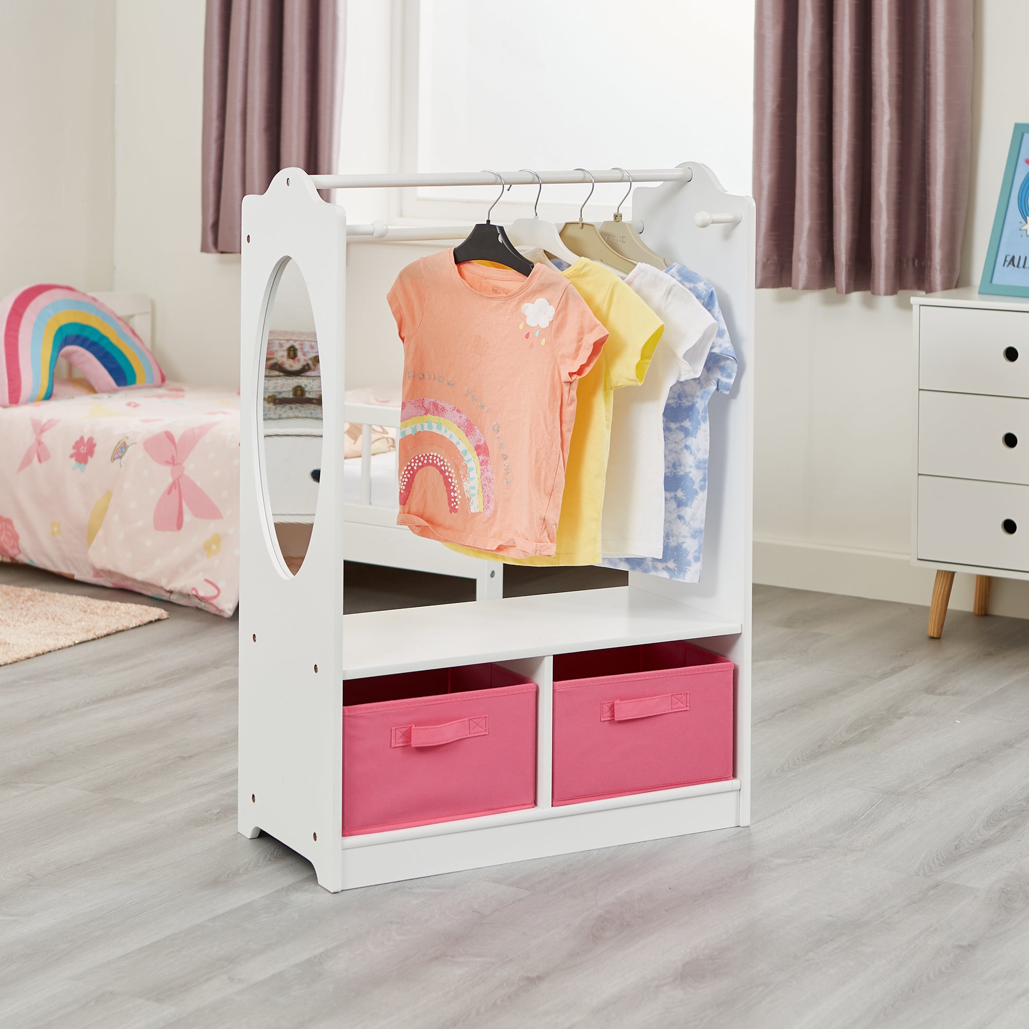 Kids White Wooden Dress Up Unit with 2 Storage Boxes (Ages 3-7)